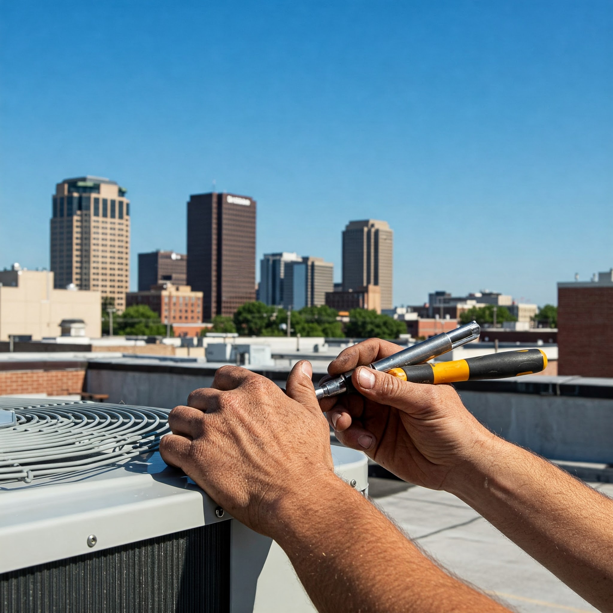 HVAC technician servicing a rooftop unit with the downtown Wichita skyline behind